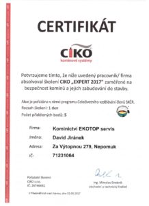 Certifikát Ciko komíny Kominictví EKOTOP servis 2017